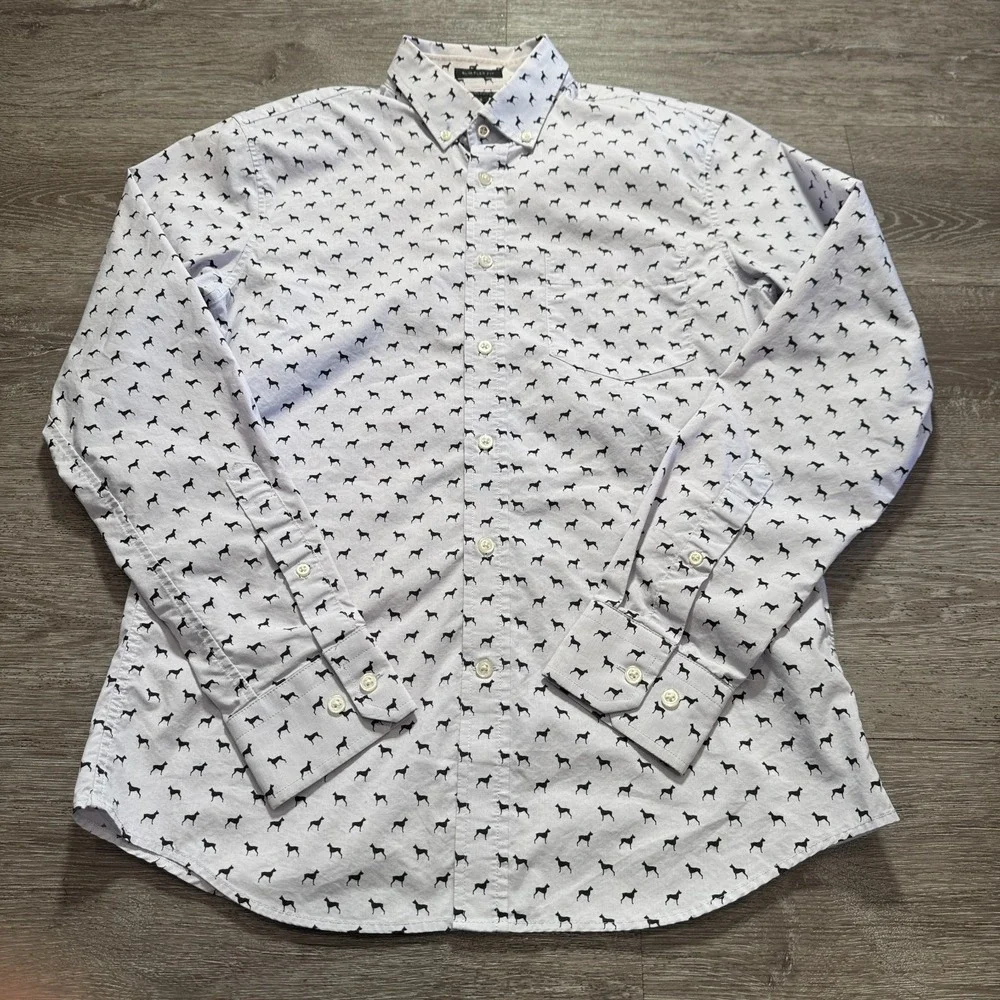 Banana Republic Shirt Mens S White Cotton Tech Stretch Dog Print Slim Flex Fit